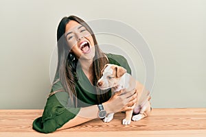 Young hispanic girl smiling happy and playing with dog sitting on the table over isolated white background