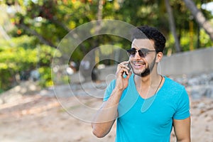 Young Hispanic Man Talking Phone Call Tropical Beach Sea Holiday Guy Summer Vacation