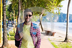 Young Hispanic Man Walking Tropical Beach Sea Holiday Guy Happy Smiling Summer Vacation
