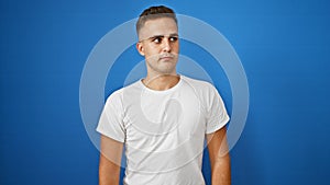 Young hispanic man in a white shirt against a blue background looking away with a thoughtful expression