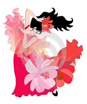 Young hispanic woman dressed in a red dress with flowers dancing flamenco. Transparent shawl in the form of a flying bird.