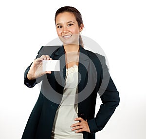 Young Hispanic woman holding a blank business card