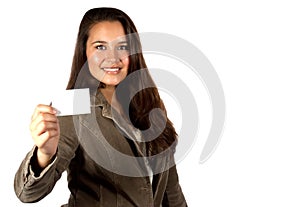 Young Hispanic woman holding a blank business card