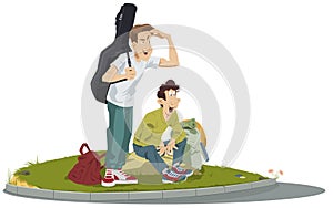 Young Hitchhikers with backpack. Illustration for internet and mobile website