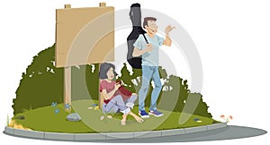 Young Hitchhikers with backpack. Illustration for internet and mobile website