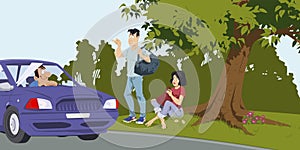 Young Hitchhikers with backpack. Illustration for internet and mobile website