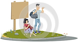Young Hitchhikers with backpacks. Illustration for internet and mobile website