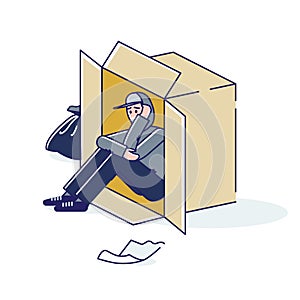 Young homeless man living on street in cardboard box. Cartoon character need help