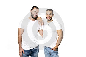 Young homosexuals gay couple love each other on a white background.