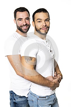 Young homosexuals gay couple love each other on a white background.