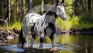 Young horse grazing in a green meadow near a pond generated by AI