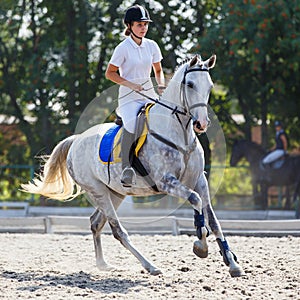 Young horse rider girl galloping on her course