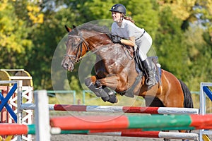 Young horse rider girl on show jumping competition