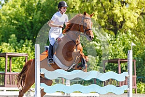 Young horse rider girl jumping on show jumping