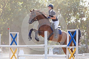 Young horse rider girl on show jumping competition