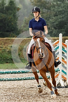 Young horse rider girl on show jumping course in equestrian sports competition. Vertical photo