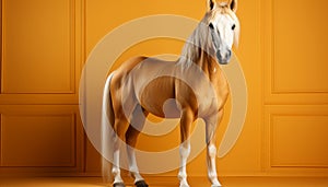 Young horse standing in a pasture, looking at camera generated by AI