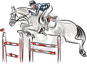 Young rider performing jump on bay horse over a hurdle on show jumping