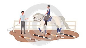 Young horseman training at equestrian school. Jockey riding horse. Trainer give lessons of horseriding. Scene of