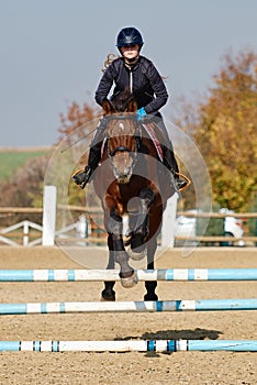 Young horsewoman on brown horse overcomes an obstacle outdoors, copy space. Equestrian sport.