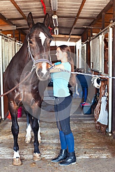 Young horsewomen owner harnessing the stallion in stable photo