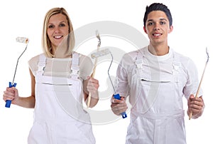 Young house painters and decorators apprentice trainee man woman