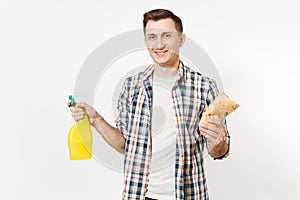 Young housekeeper man holding cleaning rag, white blank empty spray bottle with cleaner liquid isolated on white