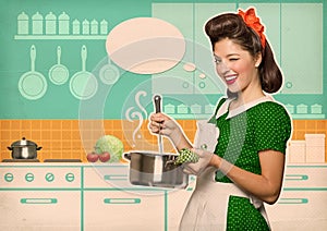 Young housewife cooking soup in her kitchen room with speech bub