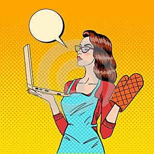 Young Housewife in Gloves and Apron with Laptop. Pop Art. Vector