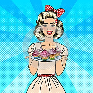 Young Housewife Holding Plate with Cupcakes. Woman Baking Cupcakes. Pop Art. Vector