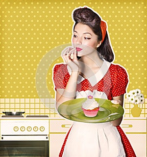 Young housewife holding sweet cupcake in her hands.Retro poster