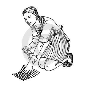 Young housewife washing the floor with cleaning cloth in gloves