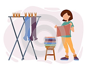 A young housewife woman hangs clothes on a dryer and laundry on a stool. Illustration