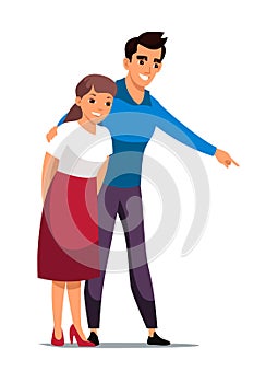 Young hugging man and woman family couple on white