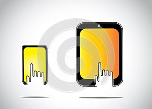Young human hand silhouette touching clicking on a yellow orange colorful mobile tablet smartphone