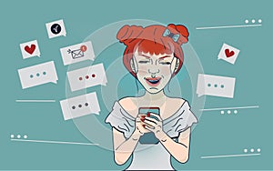 Young human with smartphone, female character writing sms communicating in social media