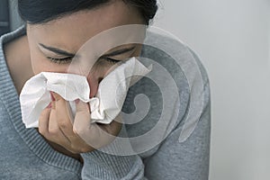 Young ill female has the Flu in winter.Copy space. Health care.