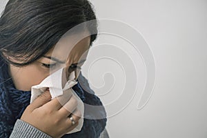 Young ill female has the Flu in winter.Copy space. Health care.