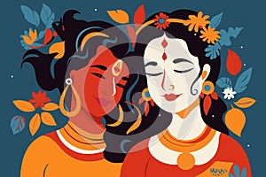 Colorful portrait of Hindu gods Krishna and Radha