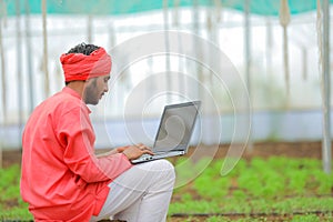 Young indian farmer using laptop at greenhouse or polyhouse