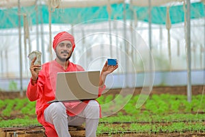 Young indian farmer using laptop at greenhouse or polyhouse