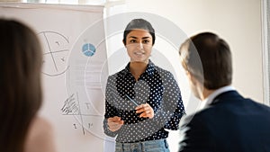 Young indian female coach present project on whiteboard