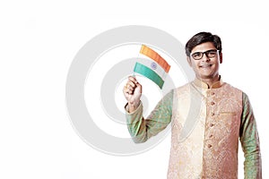 Young Indian man holding Indian flag