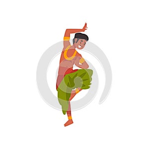 Young Indian Man Performing Folk Dance in Traditional Clothes Vector Illustration