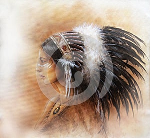 Young indian woman wearing a big feather headdress, a profile p