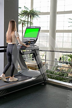 Young indoors treadmill length woman profile full running female, for fitness attractive from person from training
