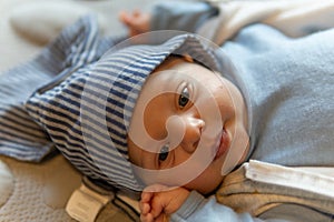 Young infant smiles and plays on his playmat