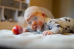 Young infant smiles and plays on his playmat