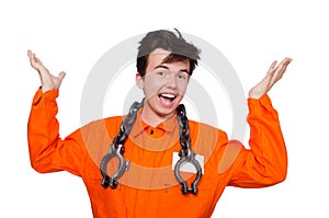 Young inmate with chains isolated