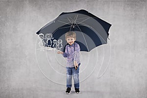 Young insurance agent under umbrellas, protects your family